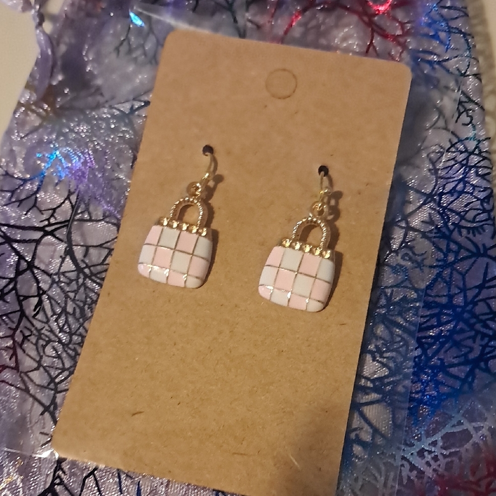 Handcrafted Pink, Lavender and Gold Tone purse Earrings 1” long 1/2” wide